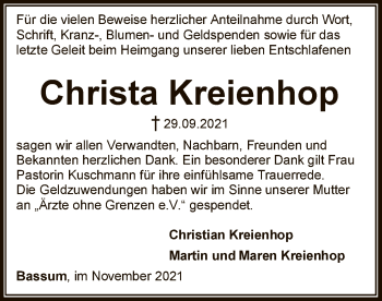 Todesanzeige von Christa Kreienhop von SYK