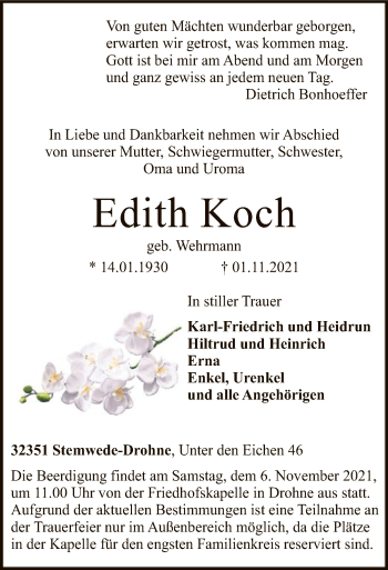 Todesanzeige von Edith Koch von SYK