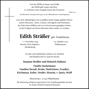 Todesanzeige von Edith Sträßer von SYK