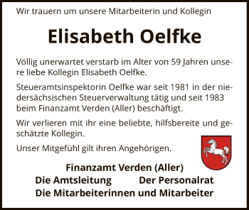 Todesanzeige von Elisabeth Oelfke von SYK