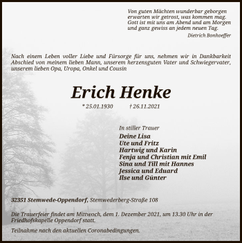 Todesanzeige von Erich Henke von SYK