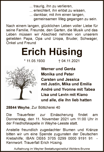 Todesanzeige von Erich Hüsing von SYK