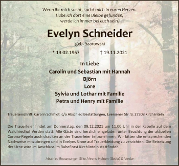 Todesanzeige von Evelyn Schneider von SYK