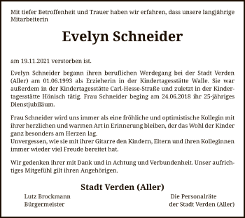 Todesanzeige von Evelyn Schneider von SYK