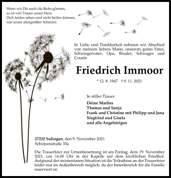 Todesanzeige von Friedrich Immoor von SYK