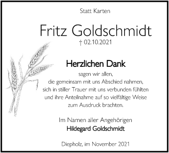 Todesanzeige von Fritz Goldschmidt von SYK