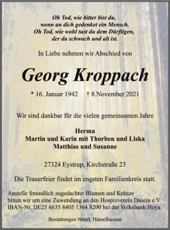 Todesanzeige von Georg Kroppach von SYK