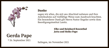 Todesanzeige von Gerda Pape von SYK