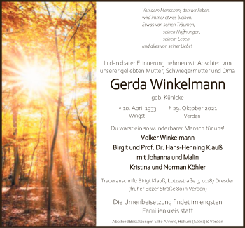 Todesanzeige von Gerda Winkelmann von SYK