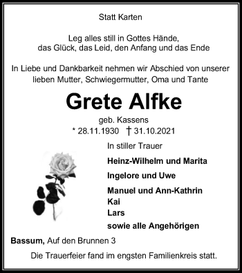 Todesanzeige von Grete Alfke von SYK