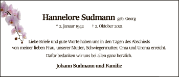 Todesanzeige von Hannelore Sudmann von SYK