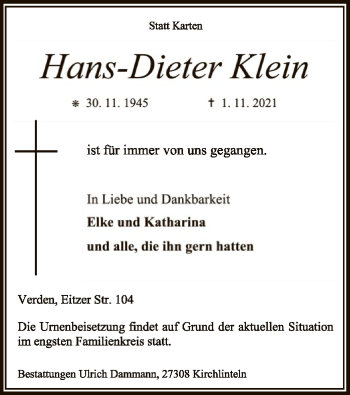 Todesanzeige von Hans-Dieter Klein von SYK