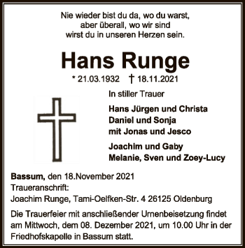 Todesanzeige von Hans Runge von SYK