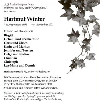 Todesanzeige von Hartmut Winter von SYK