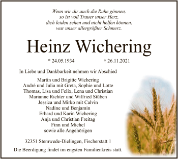 Todesanzeige von Heinz Wichering von SYK