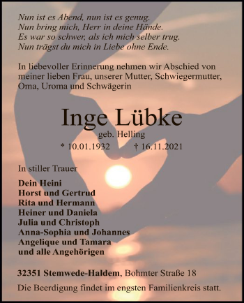 Todesanzeige von Inge Lübke von SYK