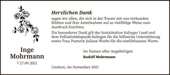 Todesanzeige von Inge Mohrmann von SYK