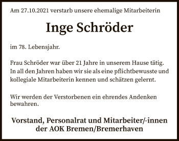 Todesanzeige von Inge Schröder von SYK