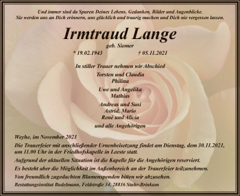 Todesanzeige von Irmtraud Lange von SYK