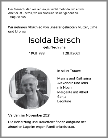 Todesanzeige von Isolda Bersch von SYK