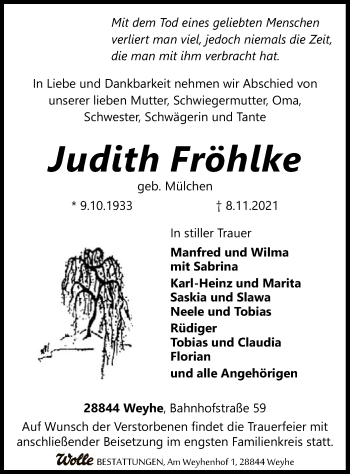 Todesanzeige von Judith Fröhlke von SYK