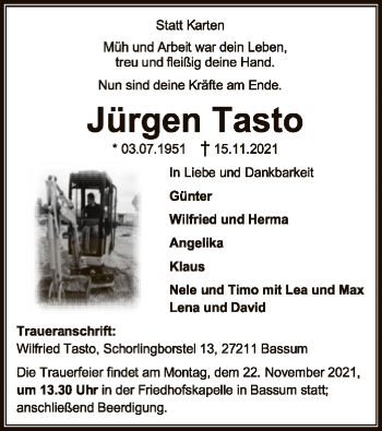 Todesanzeige von Jürgen Tasto von SYK