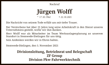 Todesanzeige von Jürgen Wolff von SYK
