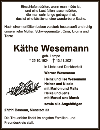 Todesanzeige von Käthe Wesemann von SYK