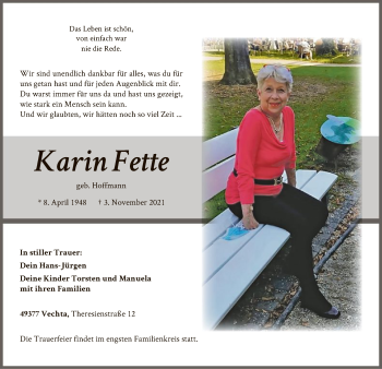 Todesanzeige von Karin Fette von SYK