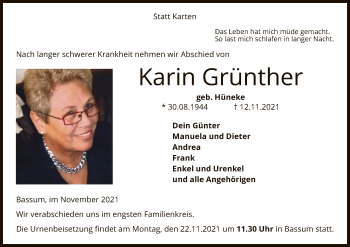 Todesanzeige von Karin Grünther von SYK
