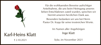 Todesanzeige von Karl-Heins Klatt von SYK