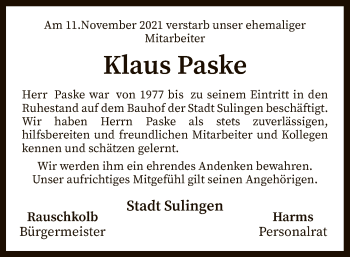 Todesanzeige von Klaus Paske von SYK