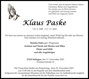 Todesanzeige von Klaus Paske von SYK