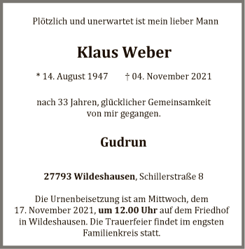 Todesanzeige von Klaus Weber von SYK