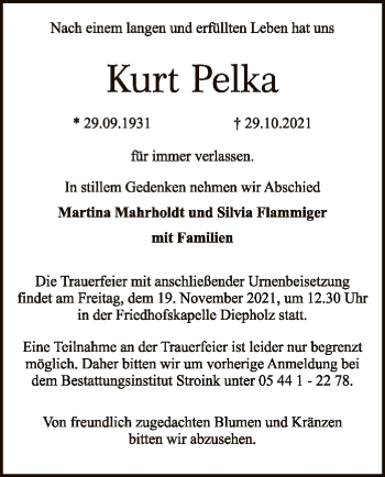 Todesanzeige von Kurt Pelka von SYK