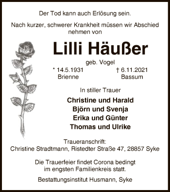 Todesanzeige von Lilli Häußer von SYK