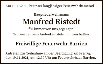 Todesanzeige von Manfred Ristedt von SYK