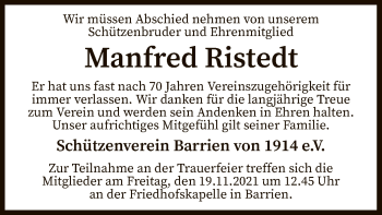 Todesanzeige von Manfred Ristedt von SYK