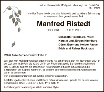 Todesanzeige von Manfred Ristedt von SYK