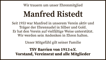 Todesanzeige von Manfred Ristedt von SYK