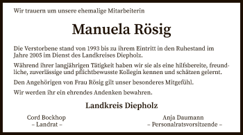 Todesanzeige von Manuela Rösig von SYK