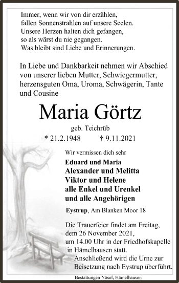 Todesanzeige von Maria Görtz von SYK