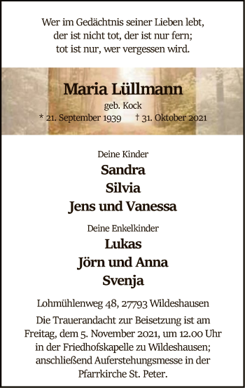 Todesanzeige von Maria Lüllmann von SYK