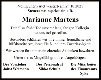 Todesanzeige von Marianne Martens von SYK
