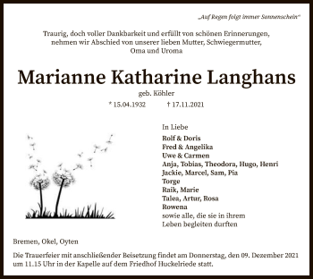 Todesanzeige von Marianne Katharine Langhans von SYK