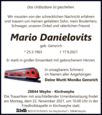 Todesanzeige von Mario Danielovits von SYK