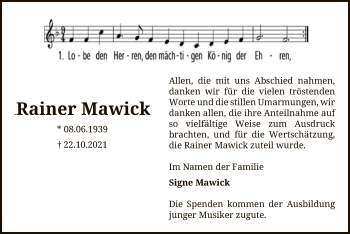 Todesanzeige von Rainer Mawick von SYK