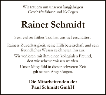 Todesanzeige von Rainer Schmidt von SYK
