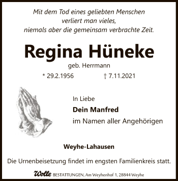 Todesanzeige von Regina Hüneke von SYK