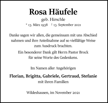 Todesanzeige von Rosa Häufele von SYK